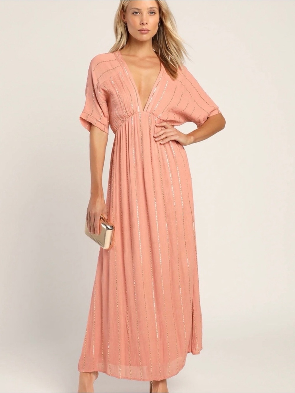 Lulus Coral & Gold Metallic Stripe Maxi Sun Dress – Size Large